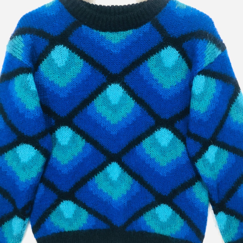 Blassport Bill Blass Vintage Mohair Wool Blend Blue Diamond Knit Sweater‎ Small